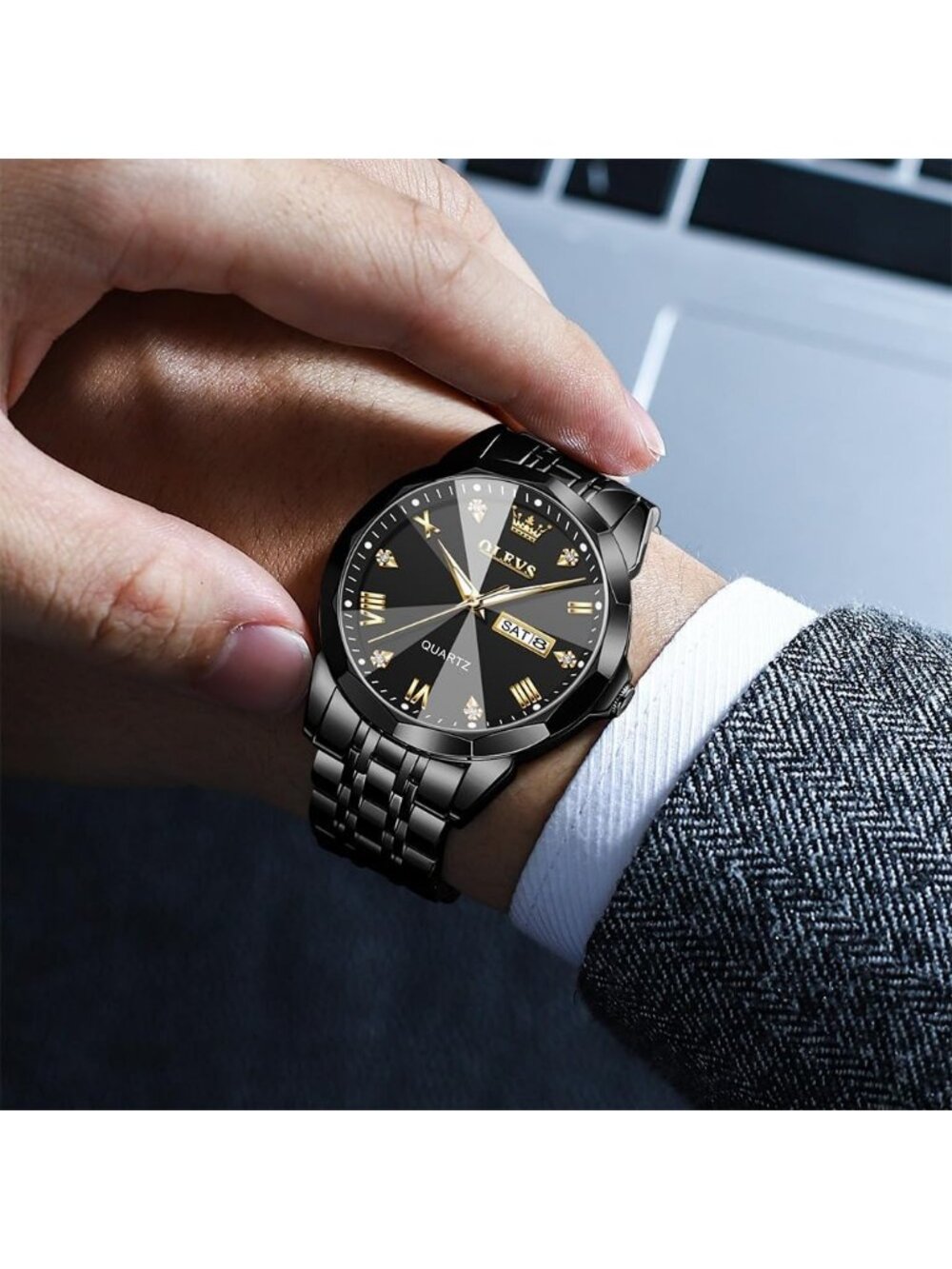Men's All Black Diamond Stainless Steel Analog Quartz Classic Waterproof Watch - Picture 2 of 6